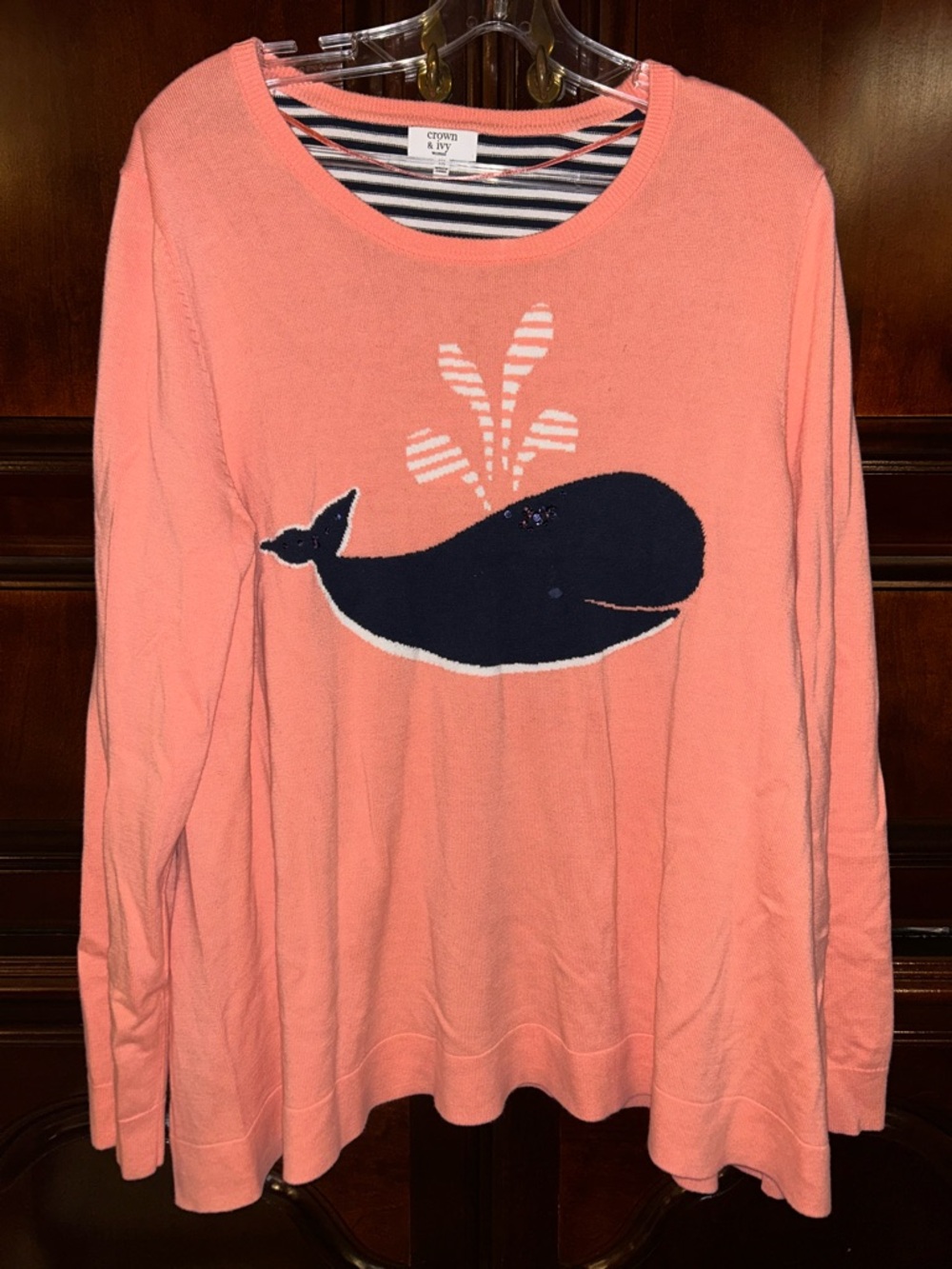 Crown & Ivy Coral Whale Sweater, Size 1X